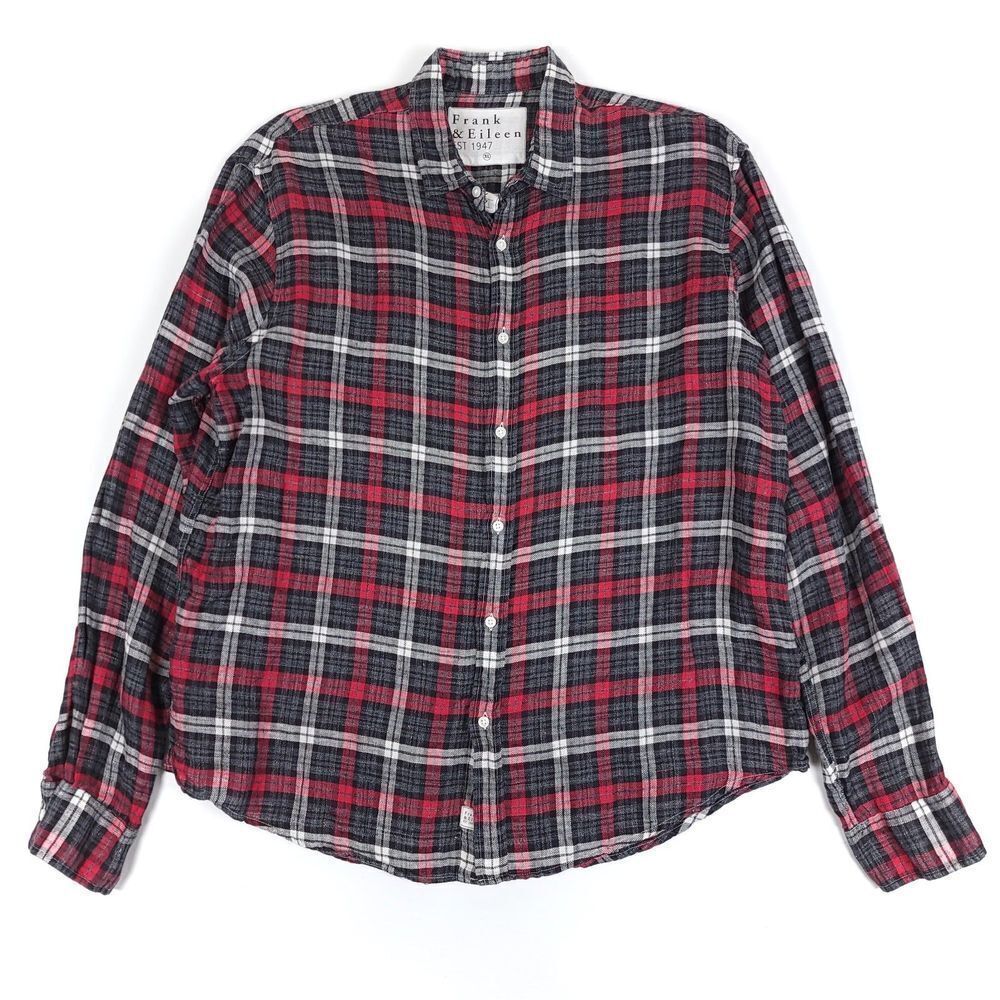 FRANK AND EILEEN 100% Linen Paul Oversized Button Down Shirt Red Gray Plaid XL